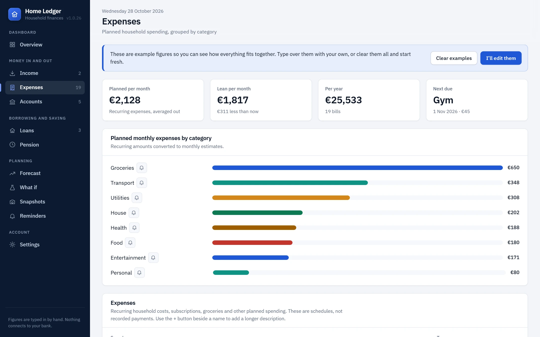 Expenses screen: planned spending per month and per year, with spending by category