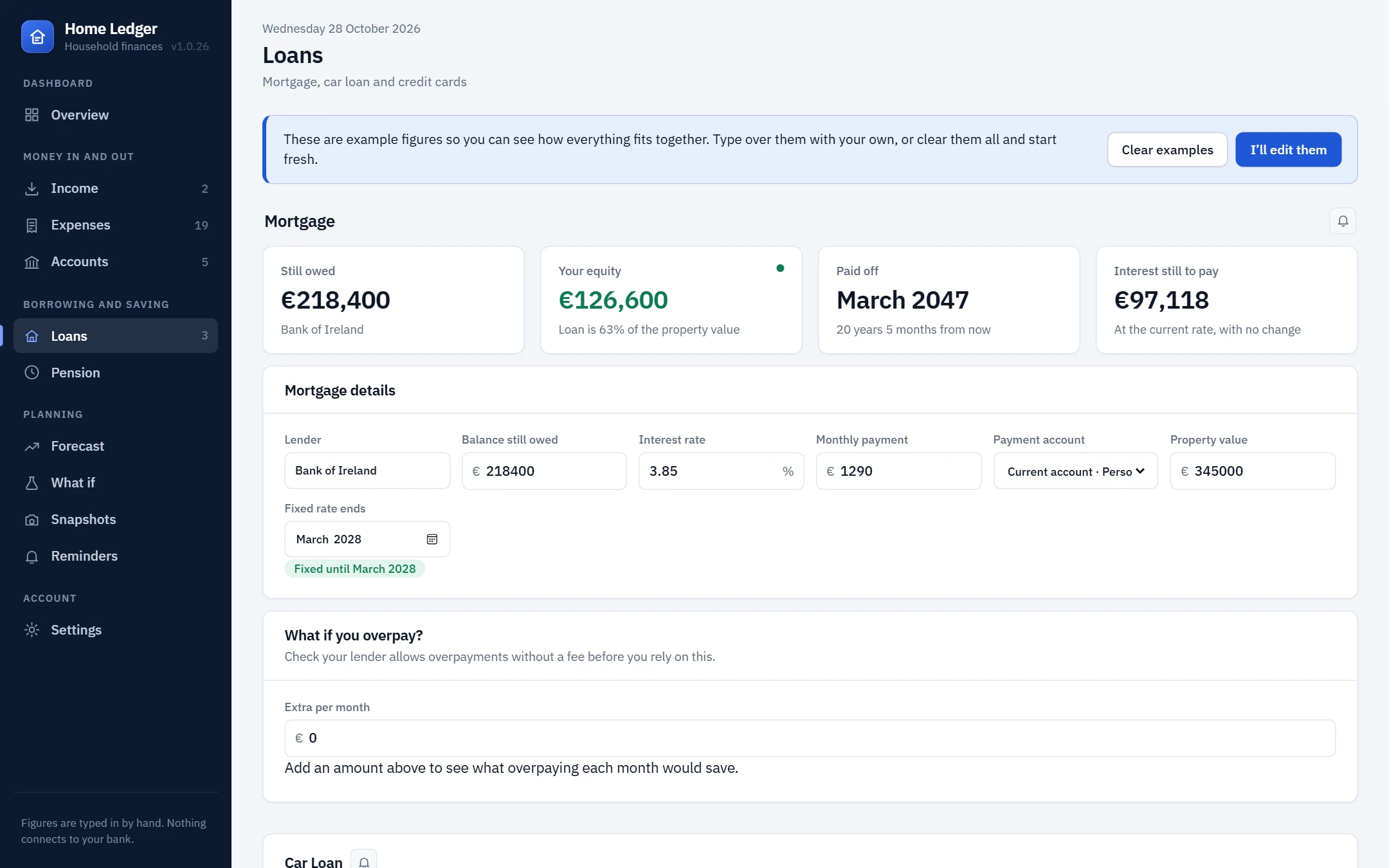 Loans screen: mortgage payoff date, interest still to pay, and what an overpayment would save