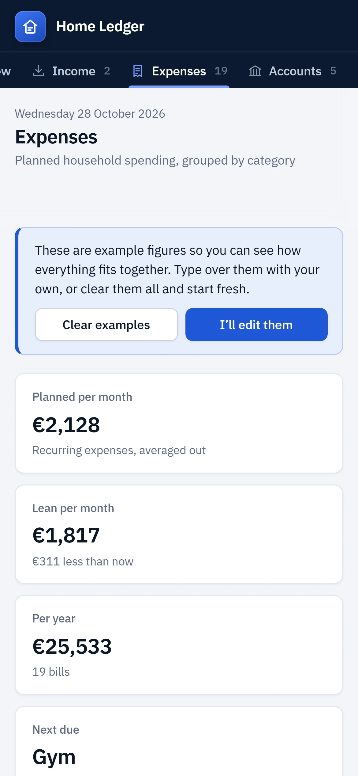 Expenses on a phone: each bill on one line with its amount and how often it's paid