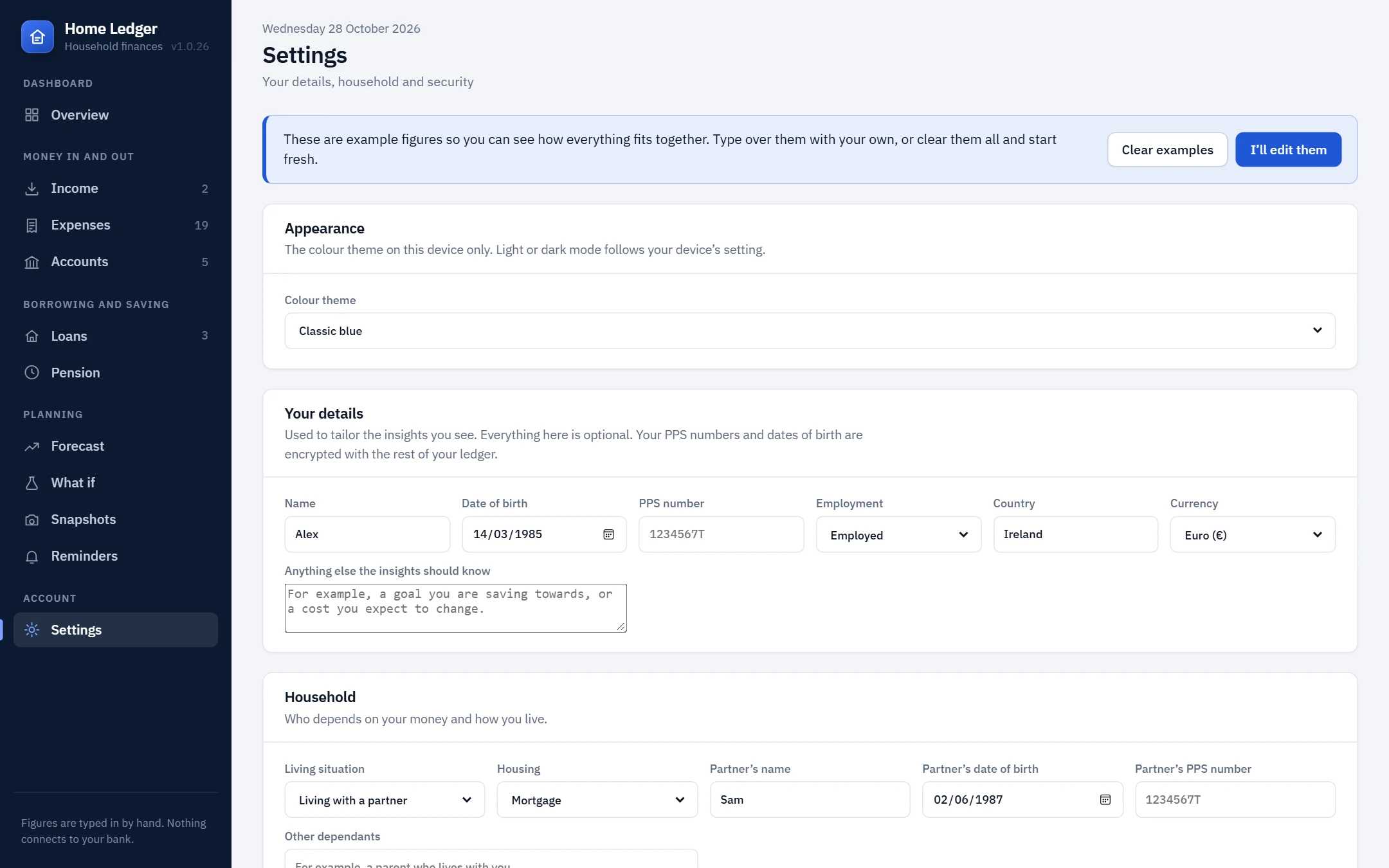 Settings screen: colour theme and your details, kept encrypted with the rest of your ledger
